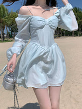 Long Sleeve Dress Female Blue Sweet A-Line Summer High Waist Vintage Slim Fairy Dress Princess Dress Sundress Beachwear Holiday
