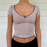 Lizakosht Women's Summer Slim Solid Simple T-shirt Lace Side Splicing U-neck Crop Tops Tees Female Casual Navel Short-sleeved T-shirts