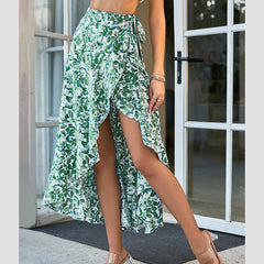 GypsyLady Floral Maxi Wrap Skirt Sashes Belted Green Summer Long Skirt Women Casual Boho Split Sexy Ladies Beach Woman Skirts