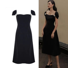 Summer Pearls Black Party Long Dress Sexy Bow Tie Sleeveless Beading Strap A-Line Dresses Women Vintage French Vestidos D520