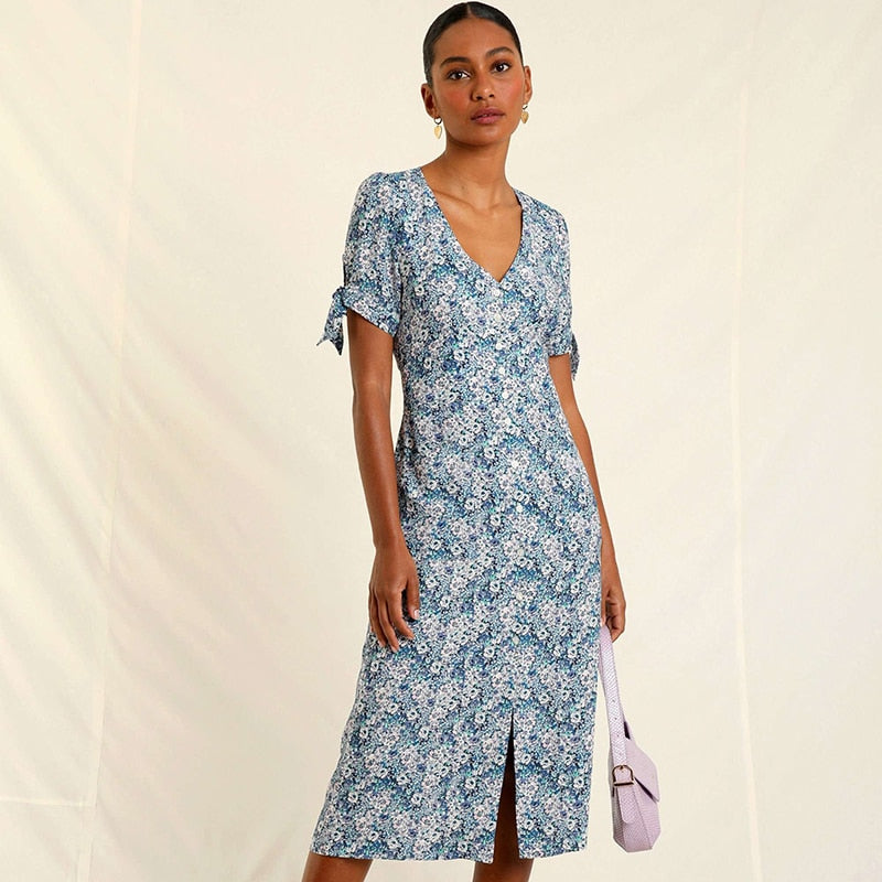 Polka Dot Print Midi Dress Woman Elegant Embroidery Short Sleeve V-neck Vestidos 2022 Summer Femme Vintage Casual Long Robes
