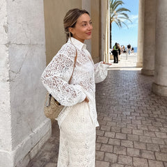 Lizakosht Summer Lace Hollow Out Shirt Top for Women Y2K INS Clothes Long Lantern Sleeve Single Breasted Loose T-shirt Blouse