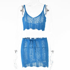 Summer Dress Sert Women 2 Pieces Set Knitted Skirt Set 2022 See Through Sexy Crop Top and Skirt Set for Party Clubwear