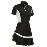 JS Women Mini Dress Tennis & Golf Contrast Color Sports Dress Fashion Summer New Short Sleeve Zipper Stand Collar Dress + Boxer