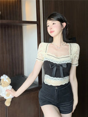 Lizakosht Cute Tops Tee Women Summer Bow Decoration Lace Patchwork Slim Short Tshirt for Sweet Girls Kawaii Clothes
