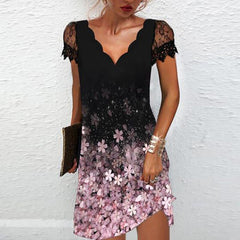 Lizakosht Women Elegant Dresses Summer V Neck Lace Short Sleeve Dress Sexy Printed Plus Size Female Dresses Black Party Dress Vestidos