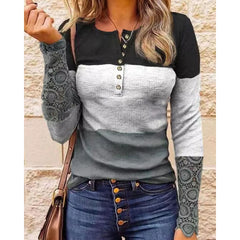 Lizakosht Autumn Winter Colorblock Contrast Lace Long Sleeve Top Round Neck Long Sleeve Pullover Tops Women Casual Daily Wear Clothes