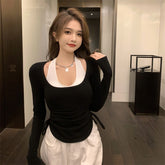 Casual all-match T-shirt 2022 spring and autumn long-sleeved slim fit two-piece set with chest pad top fashion women's clothing