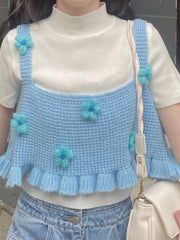 Japanese Kawaii Sweet Tank Top Women Blue Floral France Elegant Cute Tanks Female Casual Korean College Style Vset Summer 2022