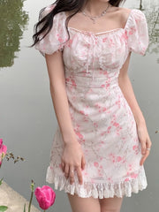 Summer Floral Baech Korea Sweet Dress Women Print Lace Casual France Vintage Fairy Dress Pink Sexy Elegant Party Mini Dress 2022