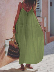 Lizakosht Women Spring O Neck Pleated Long Party Dress Solid Color Loose Casual Hem Beach Dress Summer Off Shoulder Suspender Beach Dress