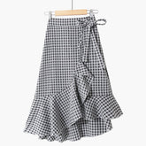 Summer Korean Lace-up Plaid High Waist Slim Ruffled Irregular Midi Skirt Elastic Waist A-line Side Split Ruffles Knee Skirts