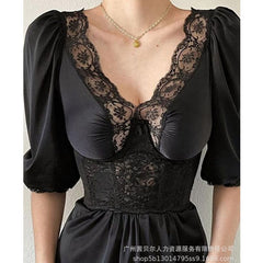 Lizakosht Summer Fashion Solid Color Lace Pleated Stitching Ruffle Dress Women's Dress Women's Short Puff Sleeve V-neck High Waist Dress