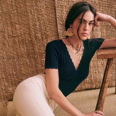 Lizakosht Women Square Neck Pretty Stitch Short Sleeve Knit Top Pointelle Knit Top With Wave Trim tees short lace tops 4PC3