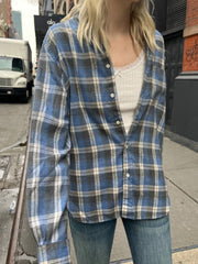 Lizakosht Vintage Blue Plaid Cotton T-shirts Women Casual Turn-Down Collar Spring Summer Long Sleeve Tees Chic Y2k Streetwear Oversize Top