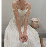 Lizakosht White Pleated Maxi Dress Women Summer Sleeveless Spaghetti Strap Vintage Party Dresses for Women Design Elegant Bodycon