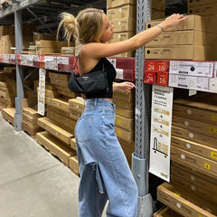 Lizakosht Summer Women's High Waist Wide Leg Straight Jeans Tube Holed Versatile Denim Pants Trousers