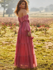 New Summer Women'S Dress One Word Neck Long Sleeve Solid Color Dresses Sexy Backless Pastoral Style Wine Red Lace Dress