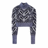 Lizakosht Elegant Women Knit Cropped Jacquard Sweater With Pompoms High Neck Long Sleeves Pullovers Streetwear