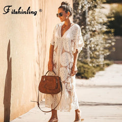 Lizakosht Fitshinling Bohemian Vintage Maxi Dress Summer Swimwear V Neck Flower White Boho Long Pareo Holiday Sheer Sexy Bikini Cover Up