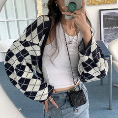 Lizakosht Lattice Sweater Coat Women's Autumn Winter New Korean Style Retro Loose-fitting Short Knitted Cardigan Streetwear