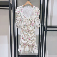 Lizakosht Spring and Summer New Women Printed Square Collar Pleated Waist Slim Fishtail Dress