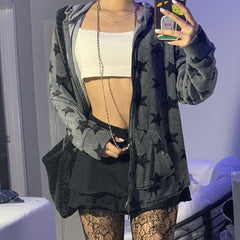 Retro Star Pattern Hoodie women Velvet Sweatshirt Women new autumn winter Double Pocket Loose Long Sleeve hiphop Zipper Jacket