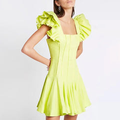 Lizakosht Vintage Square Neck Butterfly Sleeve Ruffle Mini Dress Summer Short Sleeve Puff Pleated Elegant Mini Dresses Party Club Beach