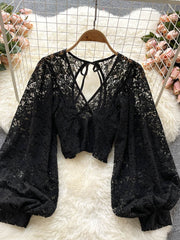 Lizakosht Autumn Black/White/Brown Sexy Lace Blouse Women Elegant V-Neck Puff Long Sleeve Open Back Short Tops Female Party Blusas