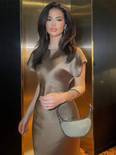 Lizakosht Sexy Glossy Silk Satin Long Dress Women Fashion Loose O Neck Short Sleeve Dresses Autumn Chic Ladies Evening Party Vestidos