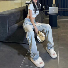 Lizakosht American Retro Fashion Y2k Streetwear Denim Jeans Belt Design High Waist Baggy Jeans Femme Straight Wide Leg Pants Women