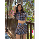 Lizakosht Summer Sexy Plaid Skirt Set Women High Waist Kawaii Two Piece Set Female Korean Fashion Streetwear Party Mini Skirt Set 2022