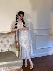 Lizakosht Summer Elegant Floral Print Ruffle Dress Women Puff Sleeve Fairy Party Lady Holiday Beach Blue Chiffon Dress