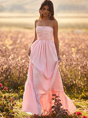 Pastoral Style Summer Women'S Dress One Word Collar Sleeveless Open Back Solid Color Sexy Dress Simple Stitching Pink Dresses