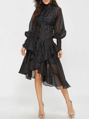 Lizakosht Designer's vintage print button-up long-sleeved dress Women's new fall fashion luxury loose peplum irregular pompadour dress