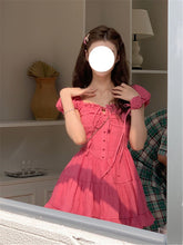 Lizakosht Women Rose Red Sweet High Waist Mini Dress Female Y2k Square Collar A-line Ruffle Holiday Dress Botton Solid Prom Dress