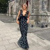Sexy Deep V neck Lace-paneled Print Slim Backless Maxi Dress 2022 Summer Women Clothes Elegant Party Slip Dresses Vestidos A1799