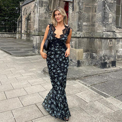Sexy Deep V neck Lace-paneled Print Slim Backless Maxi Dress 2022 Summer Women Clothes Elegant Party Slip Dresses Vestidos A1799