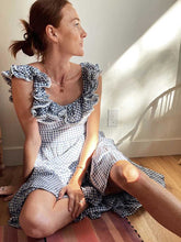 Lizakosht ruffled neckline dress women pleated bow tied waist blue plaid cotton summer dress new casual long boho dress