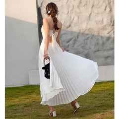 Lizakosht White Elegant Maxi Dress Bodycon Women Sleeveless Deep V Neck Sexy Vestido Party Spaghetti Summer Vacation Pleated Clothing