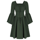 Lizakosht Women Renaissance Waistband Decorated Dress Long Bell Sleeve Square Neck Midi Dress Smocked Waist Flared A-Line Dresses A30
