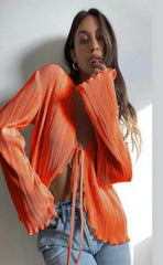 Lizakosht Women's Top Summer and Autumn Fashion Solid Color Loose Cardigan Top Women's Sexy Lace-up V-neck Irregular Flare Sleeve Top