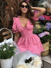 Lizakosht Deep V Neck Mini Dress For Women Lace Up Slim Sexy Dresses Femme Street Fashion Casual Princess Dress Girl Party Clothing