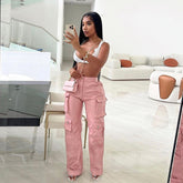 Lizakosht PU Faux Leather Pink Cargo Pants for Women Multi Pocket Hip Hop Straight-Leg Trousers Streetwear High Waist Slim Bottoms Casual