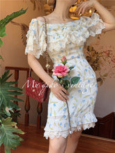 Lizakosht Dress For Women Vintage Elegant Slim Sexy Lace Slash Neck Floral Print Mini Dress Korean Fashion Summer Chiffon Bodycon Dress