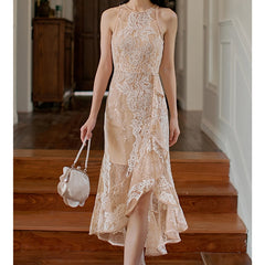 Lizakosht Apricot Lace Dress Women Elegant Diamond Ruffle Sleeveless Evening Bodycon Dress Vintage Flower Asymmetry Party Vestido Summer