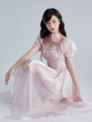 Lizakosht Office Lady Korean Fashion Dress Summer Pink A-line Elegant Midi Dress Women Kawaii Short Sleeve Beach Style Dress