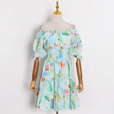 Lizakosht Summer Chiffon Dress New Square Neck Puff Sleeve Printed A-Line Short Dress Free Shipping