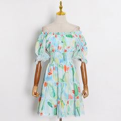 Lizakosht Summer Chiffon Dress New Square Neck Puff Sleeve Printed A-Line Short Dress Free Shipping