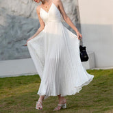 Lizakosht White Elegant Maxi Dress Bodycon Women Sleeveless Deep V Neck Sexy Vestido Party Spaghetti Summer Vacation Pleated Clothing